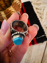 Load image into Gallery viewer, Navajo Tufa Cast Sterling Silver &amp; Turquoise Band Ring Size 7.5