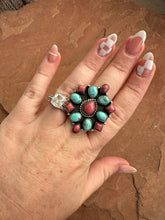 Load image into Gallery viewer, Beautiful Handmade Rhodonite, Turquoise And Sterling Silver Adjustable Ring