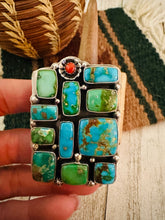 Load image into Gallery viewer, Navajo Sonoran Mountain Turquoise, Coral &amp; Sterling Silver Adjustable Cluster Ring