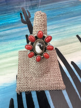 Load image into Gallery viewer, Handmade Coral, White Buffalo &amp; Sterling Silver Adjustable Ring Signed Nizhoni