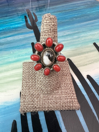 Handmade Coral, White Buffalo & Sterling Silver Adjustable Ring Signed Nizhoni