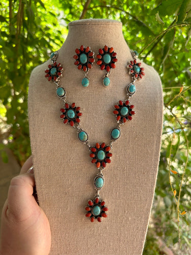 Hand Made Sterling Silver Turquoise & Coral Necklace Earring Set Signed Nizhoni
