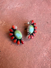 Load image into Gallery viewer, Handmade Sonoran Mountain Turquoise, Coral and Sterling Silver Crescent Post Earrings