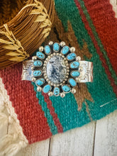 Load image into Gallery viewer, Navajo White Buffalo, Turquoise &amp; Sterling Silver Cluster Cuff Bracelet