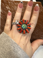 Load image into Gallery viewer, Beautiful Handmade Coral, Sonoran Turquoise And Sterling Silver Adjustable Statement Ring Style 13