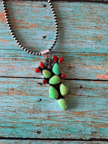 Handmade Sterling Silver, Coral & Dyed Kingman Turquoise Cactus Pendant