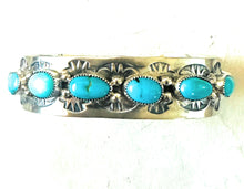 Load image into Gallery viewer, Navajo Hand Stamped Sterling Silver &amp; Turquoise Cuff Bracelet by Benson Shorty