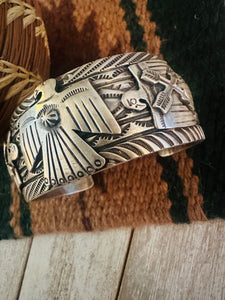 Navajo Hand Stamped Sterling Silver Thunderbird Cuff Bracelet