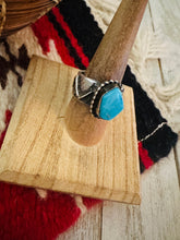 Load image into Gallery viewer, Navajo Tufa Cast Sterling Silver &amp; Turquoise Band Ring Size 7.5