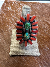 Load image into Gallery viewer, Beautiful Handmade Coral, Sonoran Turquoise And Sterling Silver Adjustable Ring