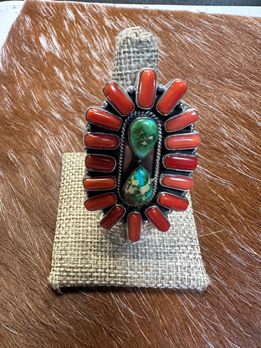 Beautiful Handmade Coral, Sonoran Turquoise And Sterling Silver Adjustable Ring