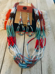 Navajo Sterling Silver & Multicolor Beaded Necklace and Earring Set