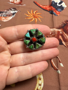 Beautiful Handmade Coral, Sonoran Turquoise And Sterling Silver Adjustable CLUSTER Ring