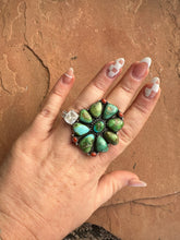 Load image into Gallery viewer, Beautiful Handmade Coral, Sonoran Turquoise And Sterling Silver Adjustable Ring