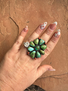 Beautiful Handmade Coral, Sonoran Turquoise And Sterling Silver Adjustable Ring