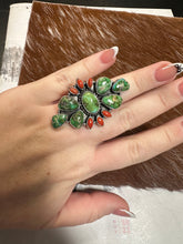 Load image into Gallery viewer, Beautiful Handmade Coral, Sonoran Turquoise And Sterling Silver Adjustable Statement Ring 4