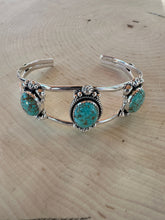 Load image into Gallery viewer, Nizhoni Handmade Sterling Silver &amp; Number 8 Turquoise 3 Stone Adjustable Cuff Bracelet