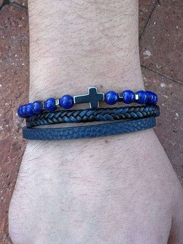 Blue Lapis Beaded Triple Wrap leather and Cross Bracelet