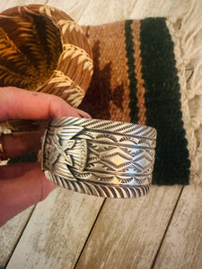 Navajo Hand Stamped Sterling Silver Thunderbird Cuff Bracelet