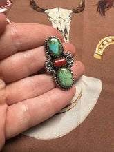 Load image into Gallery viewer, Beautiful Handmade Coral, Sonoran Turquoise And Sterling Silver Adjustable 3 STONE Ring