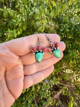 Load image into Gallery viewer, Handmade Sterling Silver, Coral &amp; Dyed Kingman Turquoise Cactus Dangle Earrings