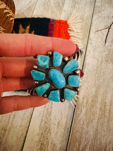 Navajo Kingman Turquoise & Sterling Silver Cluster Cuff Bracelet