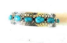 Load image into Gallery viewer, Navajo Hand Stamped Sterling Silver &amp; Turquoise Cuff Bracelet by Benson Shorty