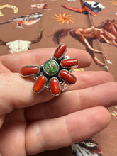 Load image into Gallery viewer, Beautiful Handmade Coral, Sonoran Turquoise And Sterling Silver Adjustable Crescent Ring