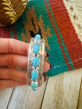 Load image into Gallery viewer, Navajo Hand Stamped Sterling Silver &amp; Turquoise Cuff Bracelet by Benson Shorty