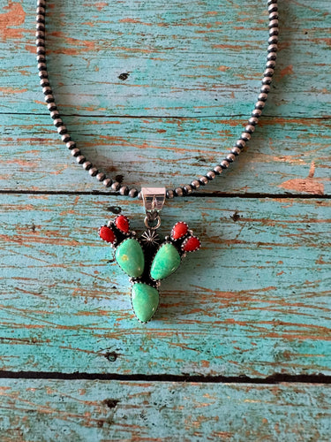 Handmade Sterling Silver, Coral & Dyed Kingman Turquoise Cactus Pendant