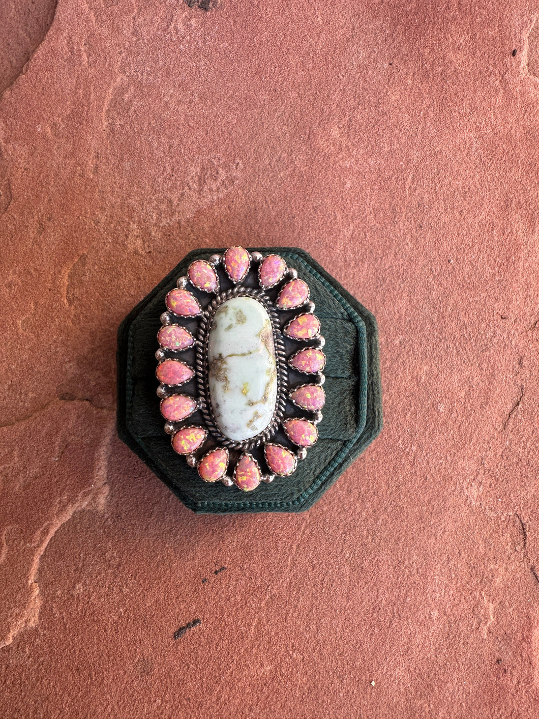 Beautiful Handmade Palomino Turquoise, Pink Fire Opal And Sterling Silver Adjustable Ring