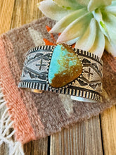 Load image into Gallery viewer, Navajo Royston Turquoise &amp; Sterling Silver Tufa Cast Cuff Bracelet Signed