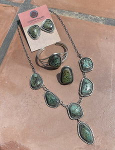 *AUTHENTIC* Navajo Sterling Silver & Royston Turquoise Necklace, Earring, Cuff & Ring Set