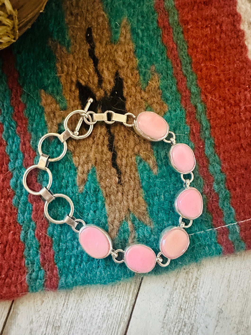 Navajo Queen Pink Conch & Sterling Silver Link Bracelet