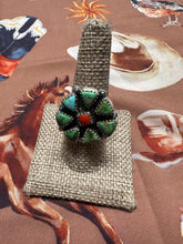 Load image into Gallery viewer, Beautiful Handmade Coral, Sonoran Turquoise And Sterling Silver Adjustable CLUSTER Ring