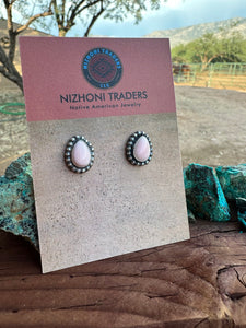 Navajo Sterling Silver and Pink Conch Tear Drop Post Earrings