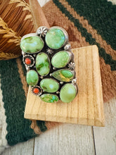 Load image into Gallery viewer, Navajo Carico Lake Turquoise, Coral &amp; Sterling Silver Adjustable Cluster Ring