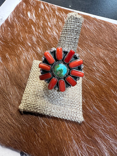 Beautiful Handmade Coral, Sonoran Turquoise And Sterling Silver Adjustable Statement Ring Style 13