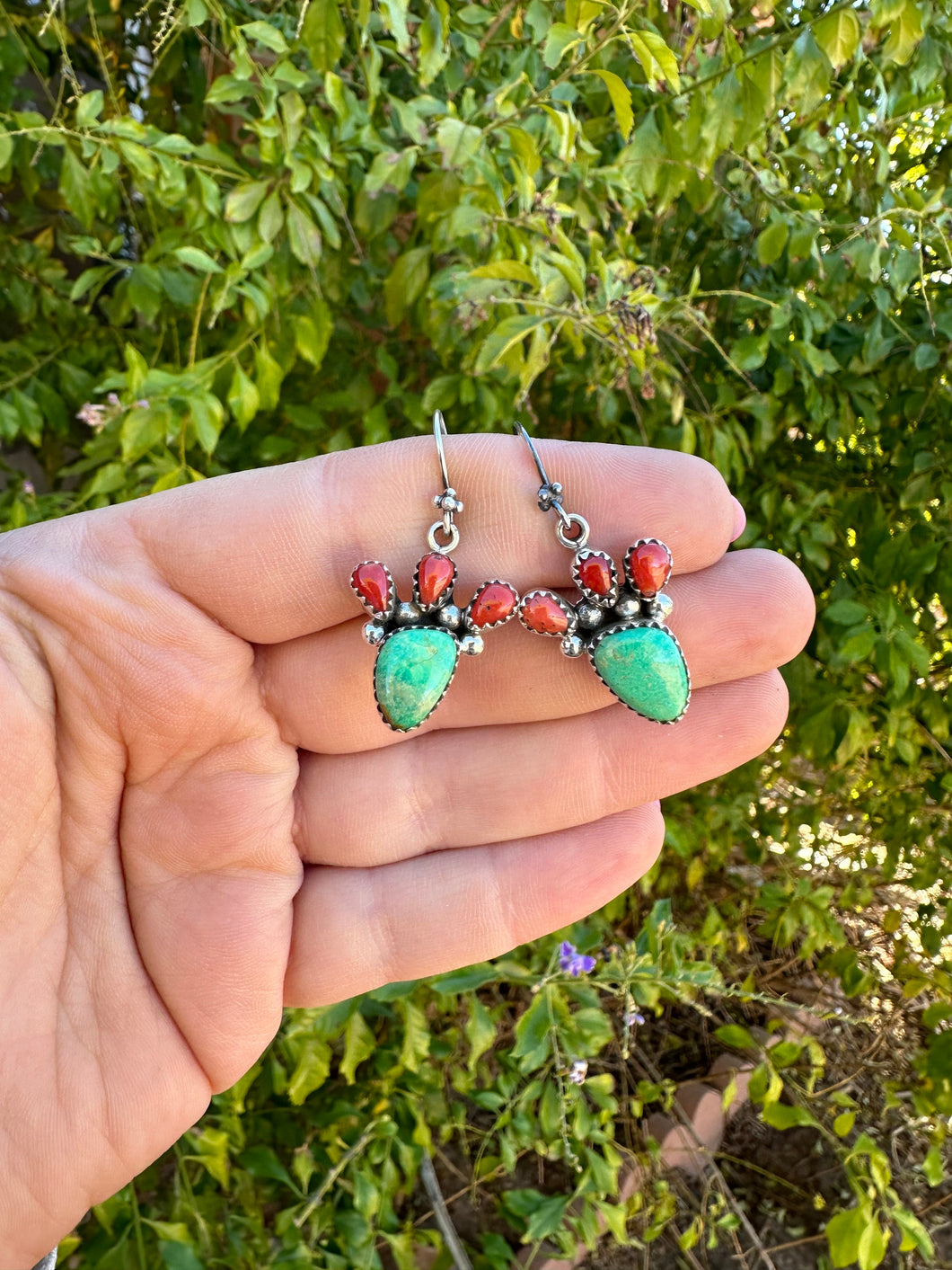 Handmade Sterling Silver, Coral & Dyed Kingman Turquoise Cactus Dangle Earrings