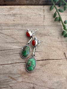 Handmade 2 Stone Sonoran Turquoise, Coral and Sterling Silver Dangle Earrings