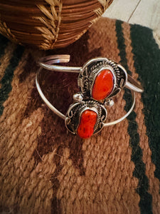 Old Pawn Navajo Sterling Silver & Coral Cuff Bracelet