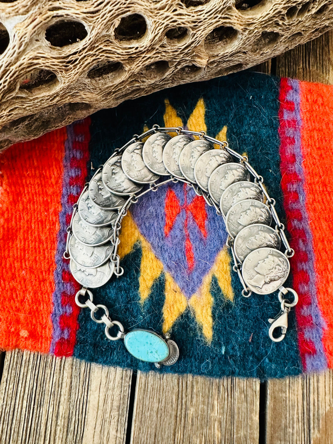 Navajo Turquoise & Sterling Silver Liberty Dime Bracelet By James McCabe