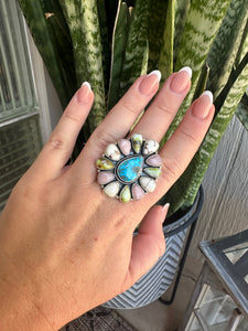 Beautiful Handmade Golden Hills Turquoise, Wild Horse, Pink Conch, Palomino Turquoise And Sterling Silver Adjustable Statment Ring