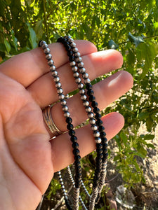 *AUTHENTIC* Navajo Pearl Sterling Silver & Black Onyx Beaded Necklace