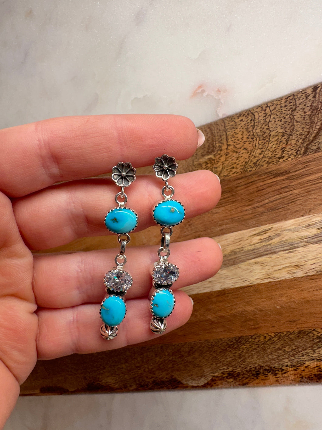 Handmade Sonoran Mountain Turquoise, CZ and Sterling Silver Flower Post Dangle Earrings more blues