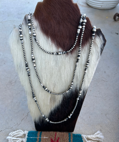 *AUTHENTIC* Navajo 4mm Pearl Sterling Silver & White Buffalo Beaded Necklace 72”