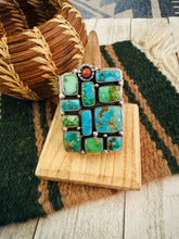 Load image into Gallery viewer, Navajo Sonoran Mountain Turquoise, Coral &amp; Sterling Silver Adjustable Cluster Ring