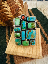 Load image into Gallery viewer, Navajo Sonoran Mountain Turquoise, Coral &amp; Sterling Silver Adjustable Cluster Ring