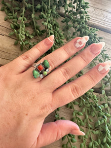 Beautiful Handmade Sonoran Turquoise, Coral And Sterling Silver Adjustable Ring