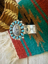 Load image into Gallery viewer, Navajo White Buffalo, Turquoise &amp; Sterling Silver Cluster Cuff Bracelet